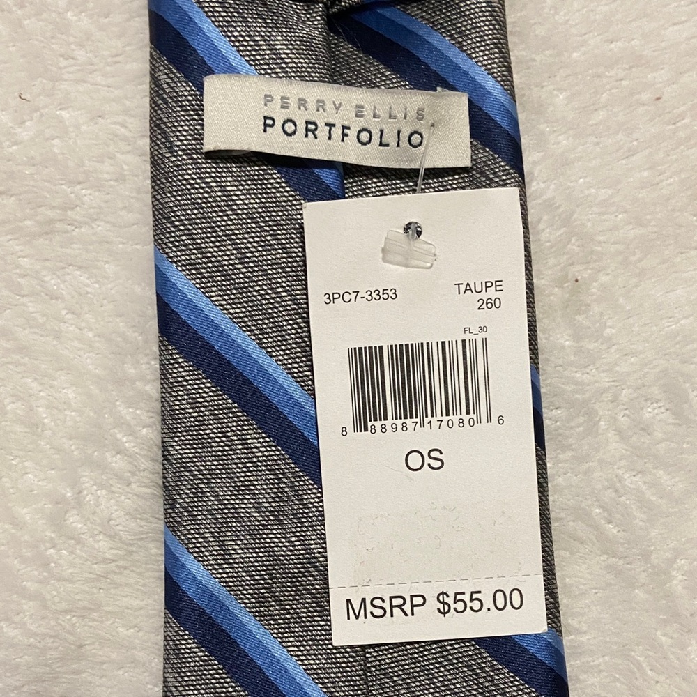 Perry Ellis Gray Tie with Blue Stripes - Picture 2 of 5